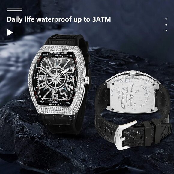 ✨ Fanmis Watches Men Black Skull Big Face Rectangle Punk Diamond Wrist Watch - Picture 5 of 6